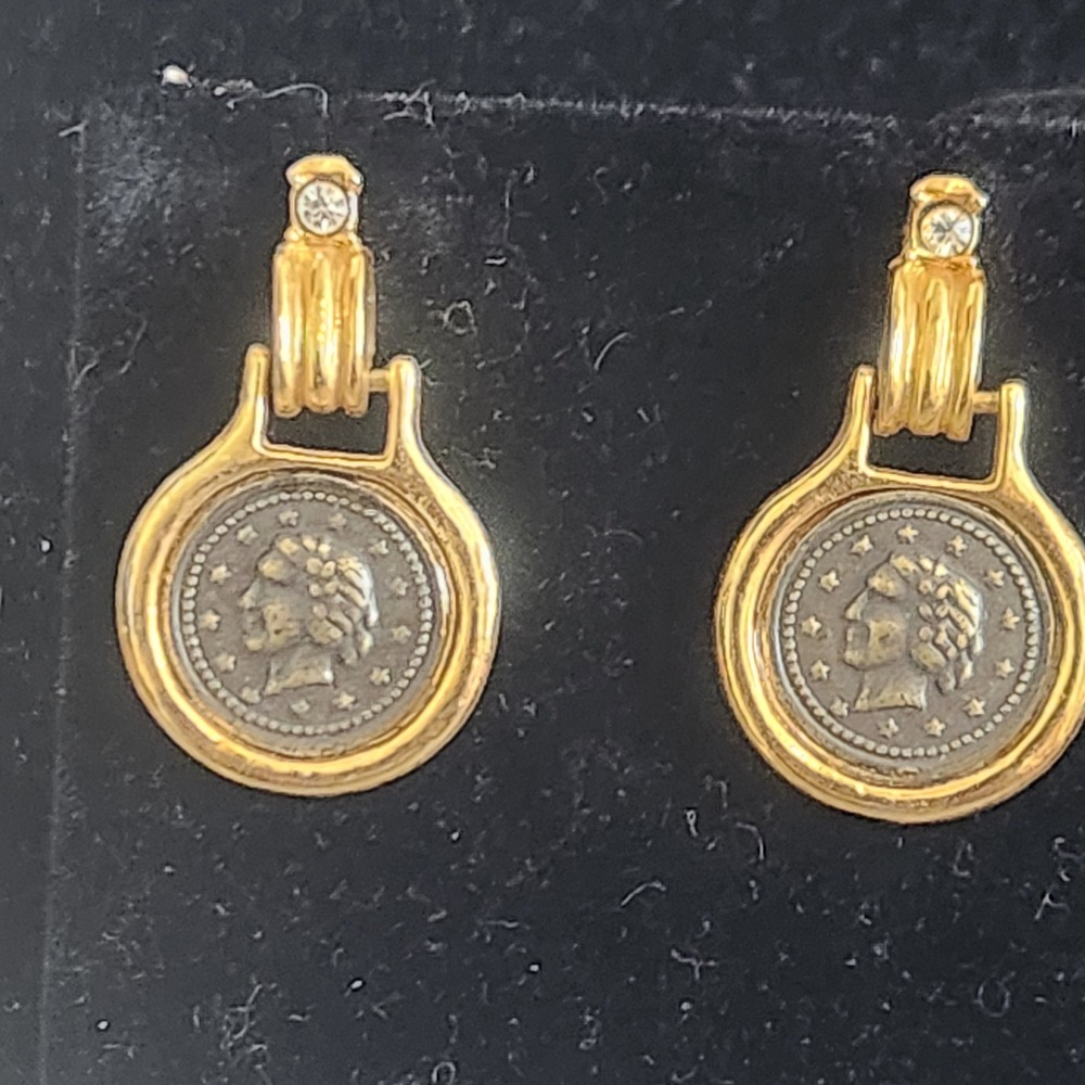Vintage Gold Tone Faux Coin Drop Earrings Two Tone Rhinestone Accent Post Back